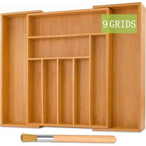 Jexnovashop-Plateau &Agrave; Couverts En Bambou,7-9 Compartiments,Organisateurs De Tiroirs Extensibles+1 Brosse De Nettoyage,Bac &Agrave; Couverts-32-52x41x5cm,Range-Couverts Organiseur De Tiroir De Cuisine En Boi - Neuf