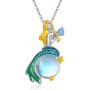 Collier Sir&egrave;ne En Argent Sterling 925 Avec Pendentif En Pierre De Lune Et Pierre De Lune Pour Filles Et Femmes,Argent Sterling - Neuf