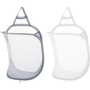 MEVRONISSHOP-2 Pi&egrave;ces Panier &agrave; Linge Pliable en Maille, Panier &agrave; Linge Suspendu Pop Up Panier &agrave; Linge Bac &agrave; Linge Portable pour Maison, H&ocirc;tel, Voyage, Camping, Dortoir Universitaire (Blanc + Gris) - Neuf