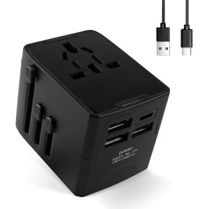 KALANKA-Adaptateur Voyage Universel, Adaptateur de Prise avec 3 USB et 1 Type C, Double Fusibles Adaptateur International vers USA, EU, UK, AUS, Plus de 200 Pays (Noir) - Neuf