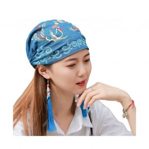 Turban Chapeau Rétro Style Ethnique Broderie Avec Bande Élastique Casquette De Chimiothérapie Taille Unique Foulard Quotidien Pour Patients De Chimiothérapie Alopécie Bandana Headwrap-Gulong Bleu - Neuf
