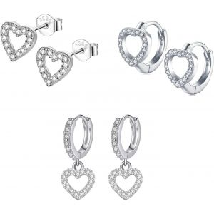 Kalhx-3 Paires Boucle D'oreilles Coeur Argent Sterling 925 Pendantes Boucles D'oreilles Créoles En Argent Coeur Pendentif Anneaux Hypoallergénique Petites Clous D'oreilles Pour Femmes Filles - Neuf