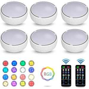 Lampe De Placard 6pcs Lumi&egrave;re Armoire 12 Leds Veilleuse Rgbw 16 Couleurs Lampe Portable Sans Fil T&eacute;l&eacute;commande &Eacute;clairage Sous Meuble Pour Cuisine, Couloir Et Miroir [3 Piles Aa] - Neuf
