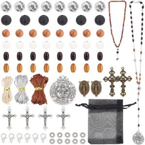 359pcs Kit De Fabrication De Bracelet Chapelet, Perles En Bois Chapelets Catholiques Pendentif Croix En Alliage Tib&eacute;tain Avec Cordon En Nylon Et Fermoirs Pour Collier Bracelet P&acirc;ques - Neuf