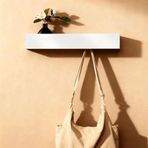 43,5cm Porte Manteau Mural avec &Eacute;tag&egrave;re, 5 Crochets Cach&eacute;s, Porte-Crochets en Bois et M&eacute;tal, Crochets Discrets pour Entr&eacute;e, Chambre, Salle de Bain et Salon, Porte Manteau Blanc - Neuf