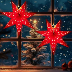 Kal-Étoile De Noël 3d À Suspendre Avec Led Lumineuse - Décoration En Papier Pour Mariage, Anniversaire, Fête (Rouge, 35cm) - Neuf