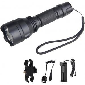 1300 Lumens Tactical Military Torch, Powerful Rechargeable Led Torch With Bracket 1 Mode Hunting Lamp With Pressure Switch, Rail Mount, Battery And Charger (White Light) - Neuf