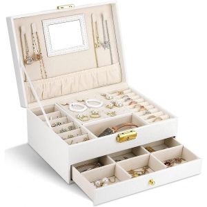 Bo&icirc;te &Agrave; Bijoux Femme Avec Miroir, 2 Niveaux Organisateur &Agrave; Bijoux, Oublure En Velours Boite A Bijoux, Rangement Bijoux Pour Bagues Colliers Montres Bagues Bracelets, Avec Cl&eacute;, Blanc - Neuf