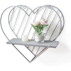 CAUC-Etagere Murale Flottante Rustique Étagères Grises pour Mur en Métal Coeur Argent Ferme Conception pour Enfants Chambre Salle de Bain Toilette - Neuf