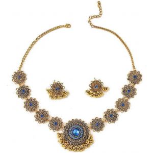 Kal-Ensemble De Bijoux Indiens Bollywood Femmes Collier Choker Oxydé Boucles D'oreilles Jhumkas Or Plaqué Zirconium Style Bohème Pour Mariage Fête Cérémonie Fleurs Franges Et Perles Et Ethnique - Neuf