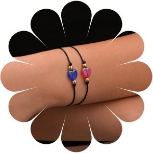 Kal-Bracelet Acrylique Vintage Avec Coeur Bracelet Cuir Noir Bracelet Cuir Cha&icirc;ne Main Bracelet R&eacute;sine Avec Coeur Bijoux Pour Femmes Et Filles 2pcs - Neuf
