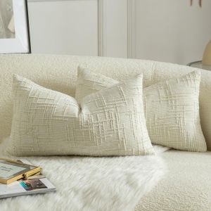 CAUC-Lot de 2 Housses de Coussin en Chenille Douce Design Textur&eacute; Noeud de Bambou D&eacute;coration &Eacute;l&eacute;gante pour Canap&eacute; Lit ou Salon 30x50 cm u200bBlanc Cr&egrave;me - Neuf