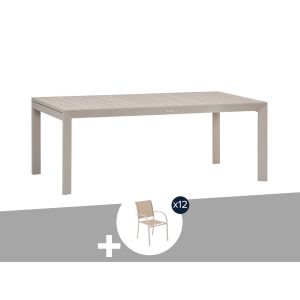 Table De Jardin Rectangulaire Extensible Rallonge Coulissante Alu Evasion Effet Bois Lin Argile + 12 Fauteuils Piazza - 10/12 Places - Hesp&eacute;ride - Neuf