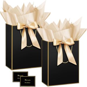 2 Pièces Sac Cadeau, 12.59"" Papier Emballage Cadeau Anniversaire, Vertical Pochette Cadeau Ggrand Format Enfant 32 * 25 * 13cm Avec 2 Cartes 2 Mouchoirs Pour Fête D'anniversaire, Mariage Noir - Neuf