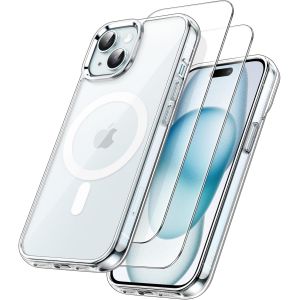 KALANKA-3 en 1 Coque Magn&eacute;tique pour iPhone 15 6,1 Pouces avec Lot de 2 Films de Protection D'&eacute;cran en Verre Tremp&eacute;, Compatible avec MagSafe, &Eacute;tui Housse de T&eacute;l&eacute;phone Antichoc (Transparente) - Neuf