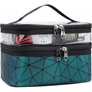 Trousse de Maquillage Portable Double Couche Trousse de Toilette Imperméable Pochette Sac Cosmétique de Voyage Vanity Case avec Compartiment, Vert - Neuf