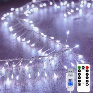 KAL-Guirlande Lumineuse D'Ext&eacute;rieur Et D'Int&eacute;rieur - 6 M - 200 Led - Fil De Cuivre Usb - 8 Modes - Avec Minuterie Et T&eacute;l&eacute;commande - Pour Bricolage, Chambre &Agrave; Coucher, No&euml;l, Mariage, F&ecirc;te - Blanc - Neuf