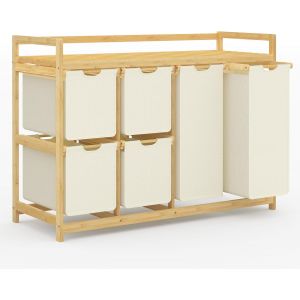 MEVRONISSHOP-200L Panier &agrave; Linge &agrave; 6 Compartiments en Bambou avec &Eacute;tag&egrave;res, Trieur de Linge avec 2 Sacs &agrave; Linge et 4 Bo&icirc;tes en Tissu pour Salle de Bain, Chambre, Beige - Neuf