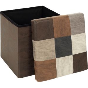 SUBZONAL-HD7665 Coffre Pouf Pliable Patchwork PU M4 - Mobilier Bistrot Indus - Con&ccedil;u pour Assise et Rangement - Dimensions 38 x 38 x 38 cm - Hauteur Assise 38 cm - Couleur Marron - Neuf