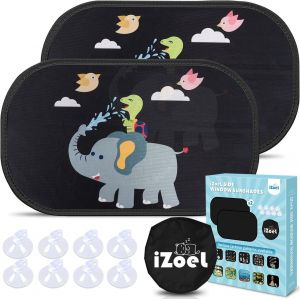 Kal-Pare Soleil Voiture Bébé Enfant, 2 Pcs Pare Brise Vitres Latérales, Motif Elephant Turtle Birdie, Auto Adhésifs, 8 Ventouses, Sac Rangement, 51 X 31 Cm, Universelle - Protection Solaire Et Uv - Neuf