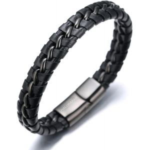 Eryi-¿ Solo Argent/Honneur Or/Veilleuse Noir ¿ Bracelet Pour Homme Fait Main | Cuir Véritable Noir | Fermoir Magnétique En Acier Inoxydable | Chaîne En Titane | Coffret Cadeau Gratuit - Neuf