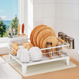 Egoutoire Vaisselle, Égouttoir Vaisselle Cuisine Inox Avec Porte-Gobelets Et Porte-Ustensiles, Seche Couvert Avec Plateau D'égouttage Et Drainage Automatique, Dish Cuisine Rangement, Noir - Neuf