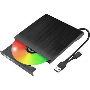 Lecteur CD DVD Externe pour PC, Graveur DVD Externe USB 3.0 et USB-C, Portable CD/DVD +/-RW Drive Mince DVD Player pour MacBook pour Windows 11/10/8/7/XP Linux OS - Neuf
