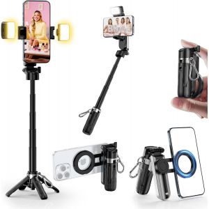 Cai-Trépied Selfie Stick Magnétique Mini Avec Lumières,Trépied Téléphone 3-En-1 Poche,Rotation 360°,Télécommande Bluetooth Amovible,Pour Iphone Android Vlog Vidéo - Neuf