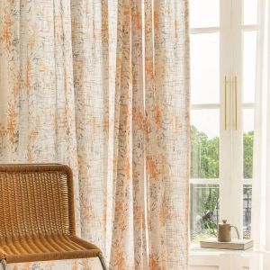Chenquansarl-Burnt Orange Floral Boho Sheer Curtains Linen Textured 96 Inches Long Rod Pocket For Living Room Print Leaf Light Filtering Window Drapes For Bedroom Dining 2 Panels - Neuf