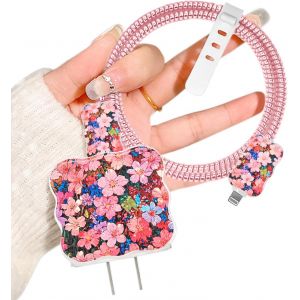 TRAHOO-Kits de Protecteur de C&acirc;ble pour Chargeur de 18/20W Compatible avec iPhone, Protege Chargeur en PU Souple avec Dessin de Fleurs Roses pour Femmes, Protecteur pour Raccords de C&acirc;bles Type-C/L - Neuf