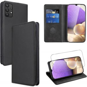 Kal-Coque Cuir Pour Samsung Galaxy A32 5g 6.5"" Avec 1 Verre Trempé Etui À Rabat En Pu Porte-Cartes Portefeuille Support Flip Housse Magnétique Antichoc Anti-Rayures Case,Noir - Neuf