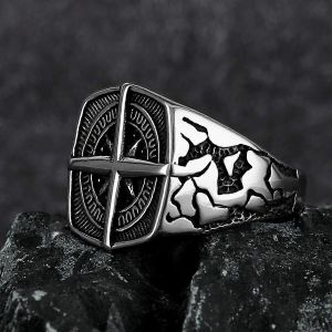 Vikings Croix Carte Nautique Amulette Bague Hommes S Acier Inoxydable Nordique Rune Bague Cadeau Biker Punk Hip Hop Bijoux - Neuf