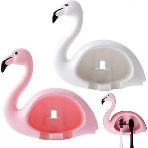 Paquet de 2 flamants roses Porte-brosse à dents mural antibactérien en forme de flamant rose Porte-brosse à dents mural multifonctionnel Boîte de rangement de dentifrice en plastique - Neuf