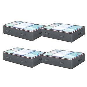 Lot de 4 sacs de rangement de 90 L &agrave; glisser sous le lit, avec fen&ecirc;tre transparente, pour v&ecirc;tements et couvertures - Gris - Neuf