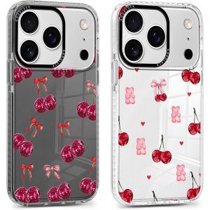 LORANKA-2 Pi&egrave;ces Coque pour iPhone 17 Pro, &Eacute;tui de Protection avec Aesthetic Design Noeud Motif, TPU Silicone Transparente Femme Fille Housse Etui Bumper Cover pour iPhone 17 Pro 6,3'', Cerise - Neuf