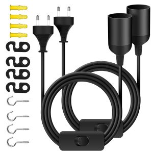 Kalanka-Lot De 2 Douille E27 Avec Interrupteur Et Prise, Pied De Lampe E27 Noir Avec C&acirc;ble D'alimentation 2m, Douille Ampoule Cable Suspension Luminaire Pour Lampadaires Lustres - Neuf