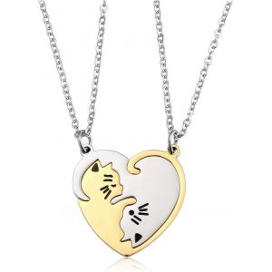 Tianyi-2pcs Bijoux Colliers Pendentif Puzzle Coeur Separable Detachable Chat Acier Inoxydable Amiti&eacute; Amoureux Couple Avec 2 Cha&icirc;nes Cadeau Couple Valentine - Neuf
