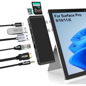 Station d'accueil Surface Pro 9 avec HDMI 4K, USB-C Thunderbolt 4 (vid&eacute;o 8K@30Hz+40G Data+100W PD), RJ45 100M, 2 USB 3.0, fente pour carte SD/TF, audio 3.5mm,triple affichage pour Surface Pro 9/Pro X - Neuf