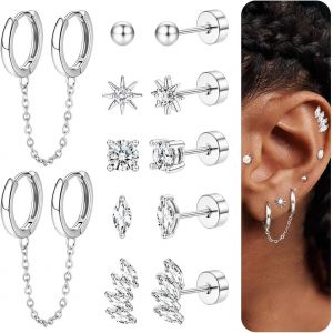6 Paires Lot Boucles D'oreilles Femme Acier Inoxydable 316l Hypoallergénique Piercing Oreille Clous D'oreilles Plaqué Or 14k Boucles D'oreilles Creoles Avec Chaîne Piercing Cartilage Helix.[X268] - Neuf