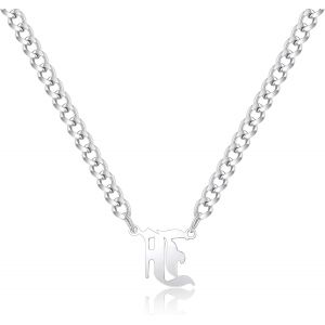 Kal-Gothique Collier Initiale, Chaine Acier Inoxydable Collier Homme Initiale A-Z Lettre Nom Argent Cha&icirc;ne Cubaine Alphabet Pendentif R&eacute;glable 18+2 Inches Bijoux Homme - Neuf