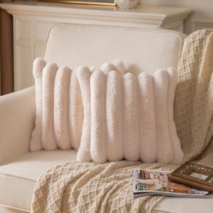 Cauc-Lot De 2 Housse De Coussin Rayures En Fausse Fourrure Taie D'oreiller Confortable Moderne D&eacute;corative Convient Pour Famille Salon Chambre Canap&eacute; - Lit Coussin 45x45 Cm Beige - Neuf