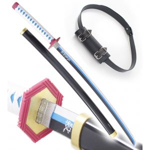 Demon Slayer Epee en Bois Giyu Tomioka Katana Kimetsu No Yaiba Sabre + Ceinturon Noir Porte Epee Ceinture D&eacute;coration - Neuf