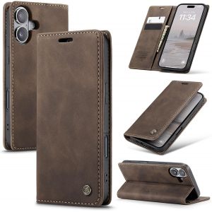 Iphone 16 Plus 5g Case, Premium Leather Flip Case With Card Slot And Stand Function For Iphone 16 Plus 5g - Coffee - Neuf