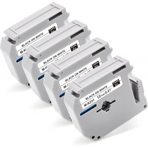 Lot de 4 rubans d'&eacute;tiquettes compatibles avec Brother P-Touch m-k231s 12 mm M-K231 MK231S pour Brother P Touch PT-M95 PT-90 PT-65 PT-60 PT-55, noir sur blanc, 4 x - Neuf