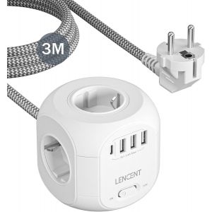 Multiprise avec Interrupteur Cube Secteur 4 Prises, 3 USB et 1 Type C, Multiprise USB Parafoudre et 4 Interrupteurs Rallonge Electrique 3M C&acirc;ble la Maison et au Bureau - Neuf