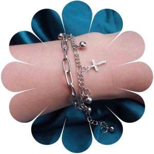 Kal-Punk Bracelet Croix En Couches Argent Perles Main Cha&icirc;ne Gland Cloches Pendentif Main Harnais Hip Hop Crux Pendentif Poignet Cha&icirc;ne D&eacute;claration Esclave Bracelet Bijoux Pour Femmes Hommes - Neuf