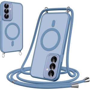 Maa-Coque Magnétique Pour Samsung Galaxy S24 Avec Cordon, [Compatible Avec Magsafe] Etui Translucide Mat Arrière Anti-Jaunissement Antichoc Réglable Téléphone Portable Lanyard Case, Bleu Clair - Neuf