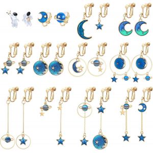 12 Paires Paires Boucles D'oreilles Clip Pour Femmes Filles Ensemble Boucles D'oreilles Étoile Lune Pendantes Boucle D'oreilles Asymetrique Non Percées Clip Boucles D'oreilles Bleu Rose - Neuf