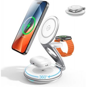 Mag-Safe Induction Charger 3 In 1 Fast Wireless Charging Station For Iphone 16 15 14 13 12 Pro/Max/Plus, Apple Watch 9 8 Se 7 6 5 4 3 2, Airpods 2/3/Pro (30w Charger Included) - Neuf