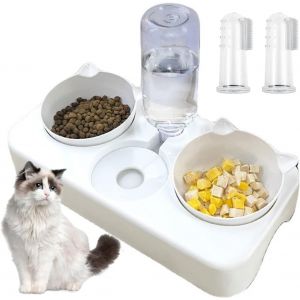 Fchhk-Bol Pour Chat 3 En 1, Mangeoirs Et Abreuvoirs Pour Chats, Gamelle Pour Chat Double, Séparation Sèche Et Humide Gamelle Surélevé Pour Chats Chaton Et Petits Chiens, Avec Des Brosses À Dents (Bla - Neuf